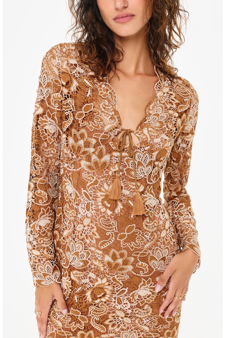 Madeira Long Sleeve Lace Overlay Minidress, Alternate, color, BROWN