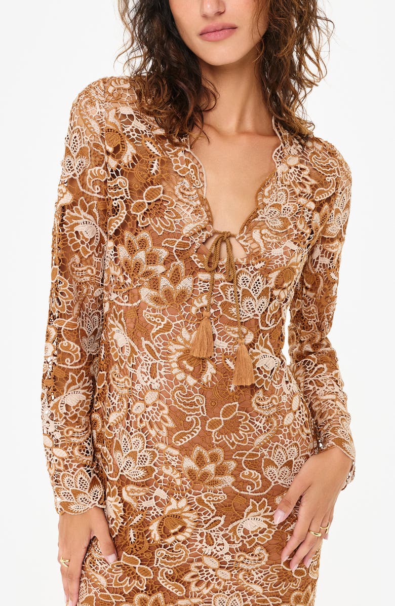 CAMI NYC Madeira Long Sleeve Lace Overlay Minidress, Alternate, color, Brown