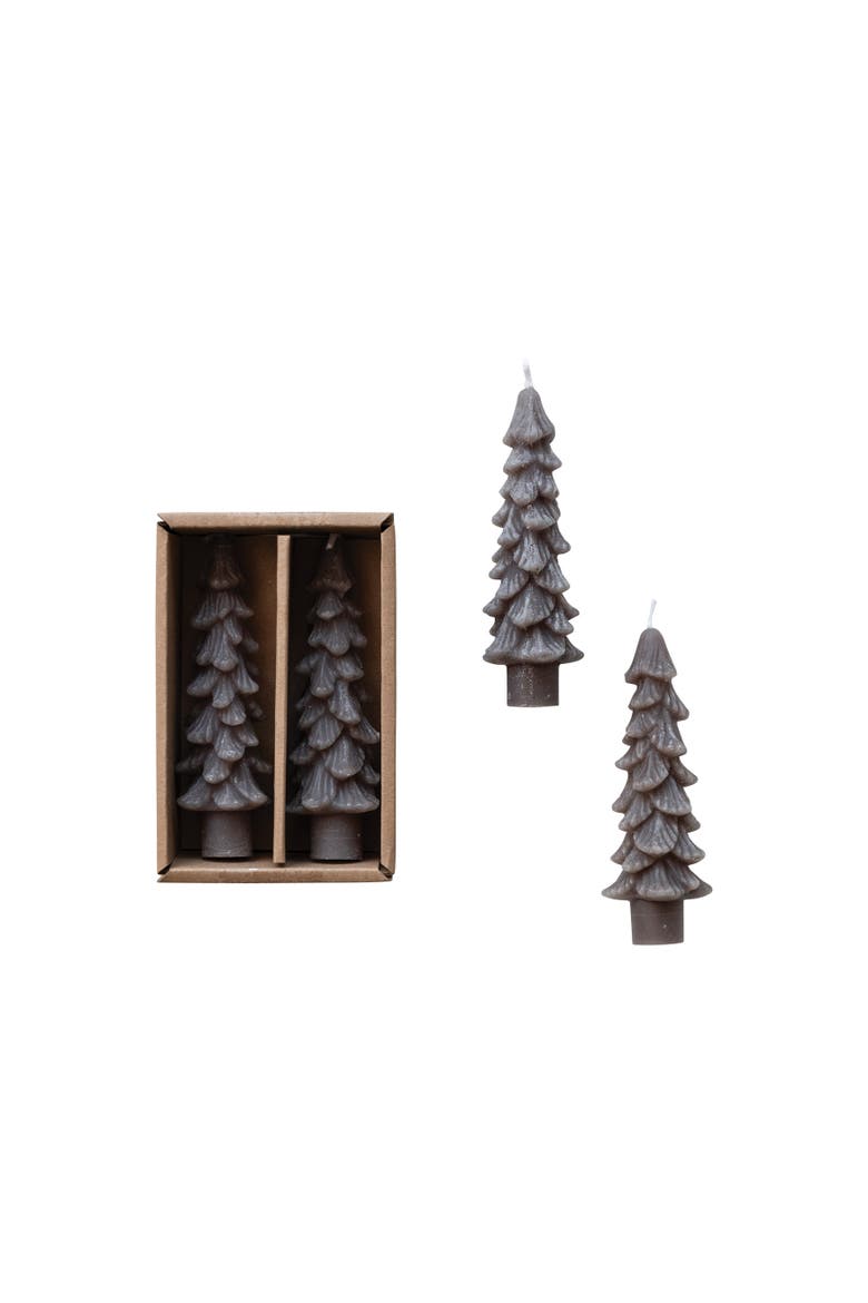 Unscented Textured Tree Shaped Taper Candles in Box, Set of 2, Main, color, Pewter