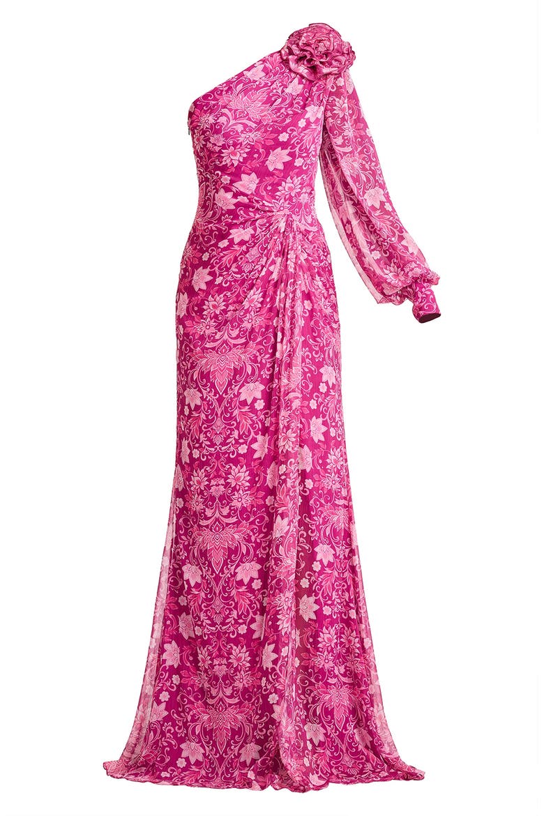 Print One-Shoulder Gown, Alternate, color, MAGENTA/ MULTI