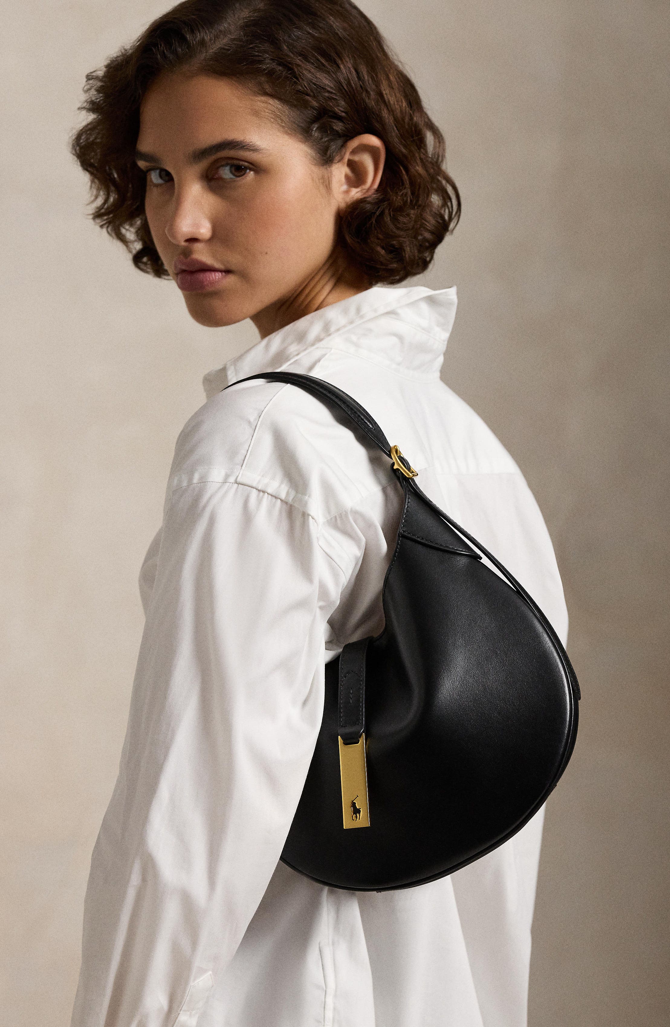 Polo Ralph Lauren Small Polo ID Leather Shoulder Bag, Alternate, color, Black