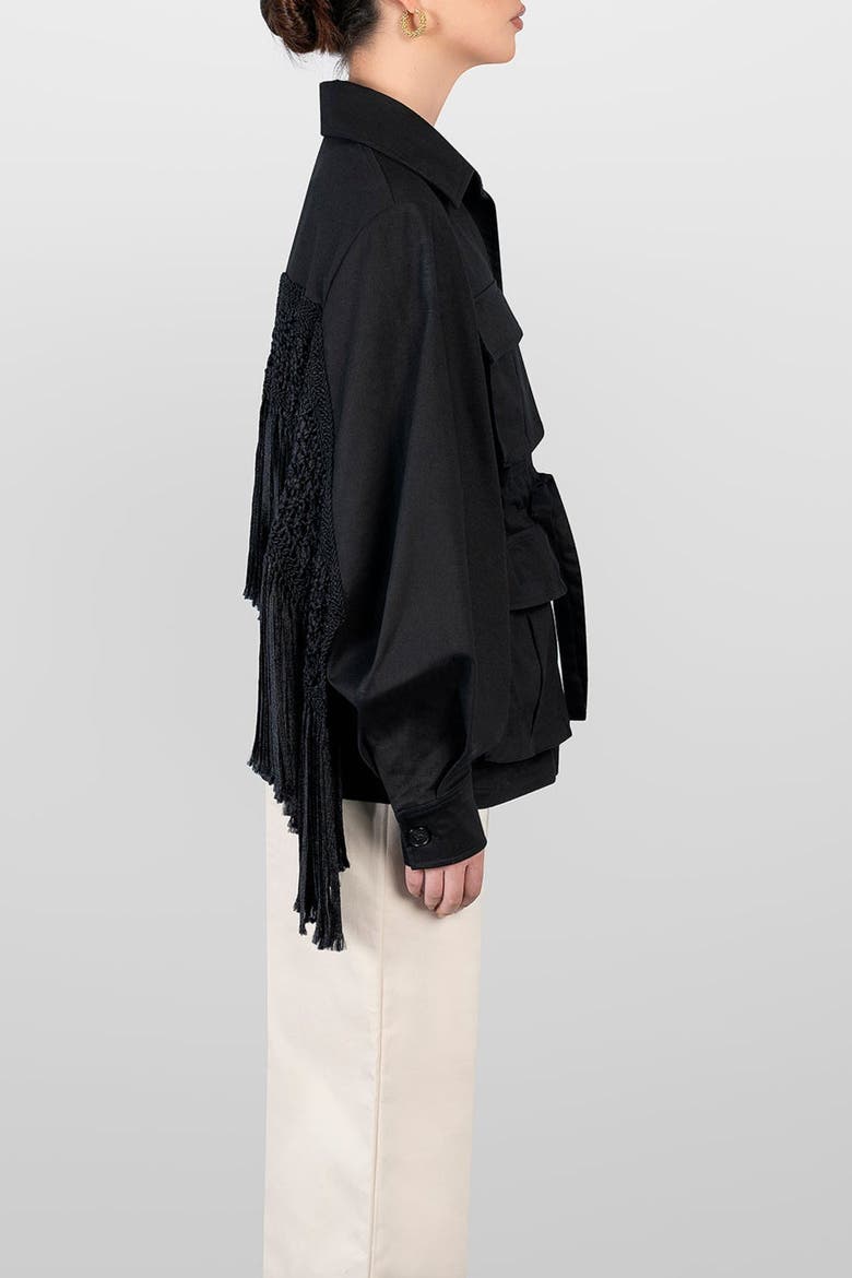 Macrame Sahariana Long Jacket, Alternate, color, Black