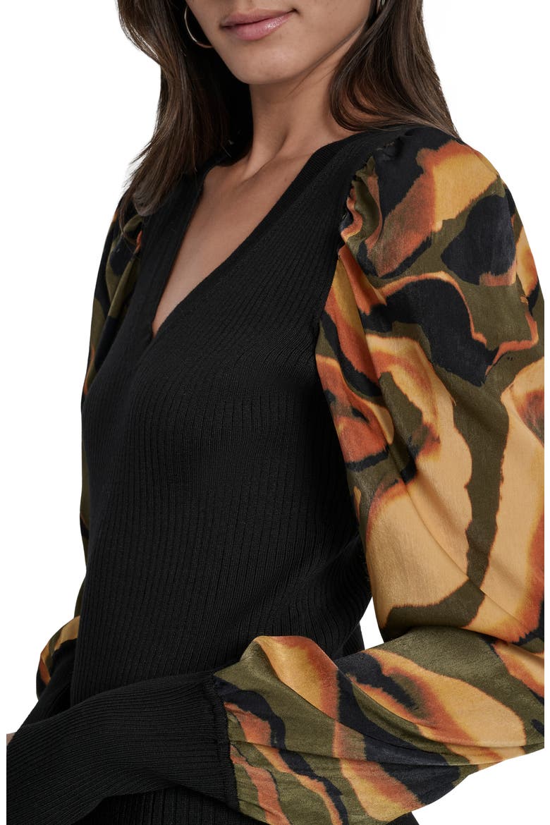 Rib Puff Shoulder Sweater, Alternate, color, BLACK/ UBRAN TIGER