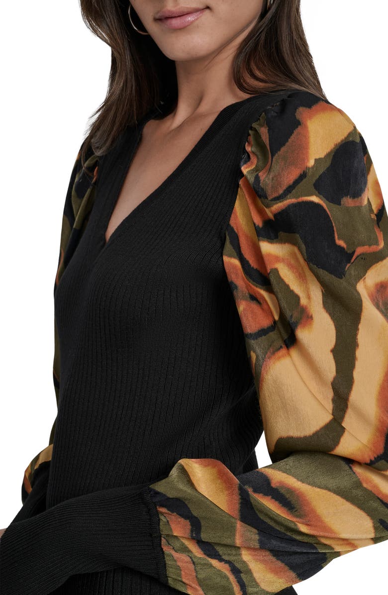 DKNY Rib Puff Shoulder Sweater, Alternate, color, Black/ Ubran Tiger