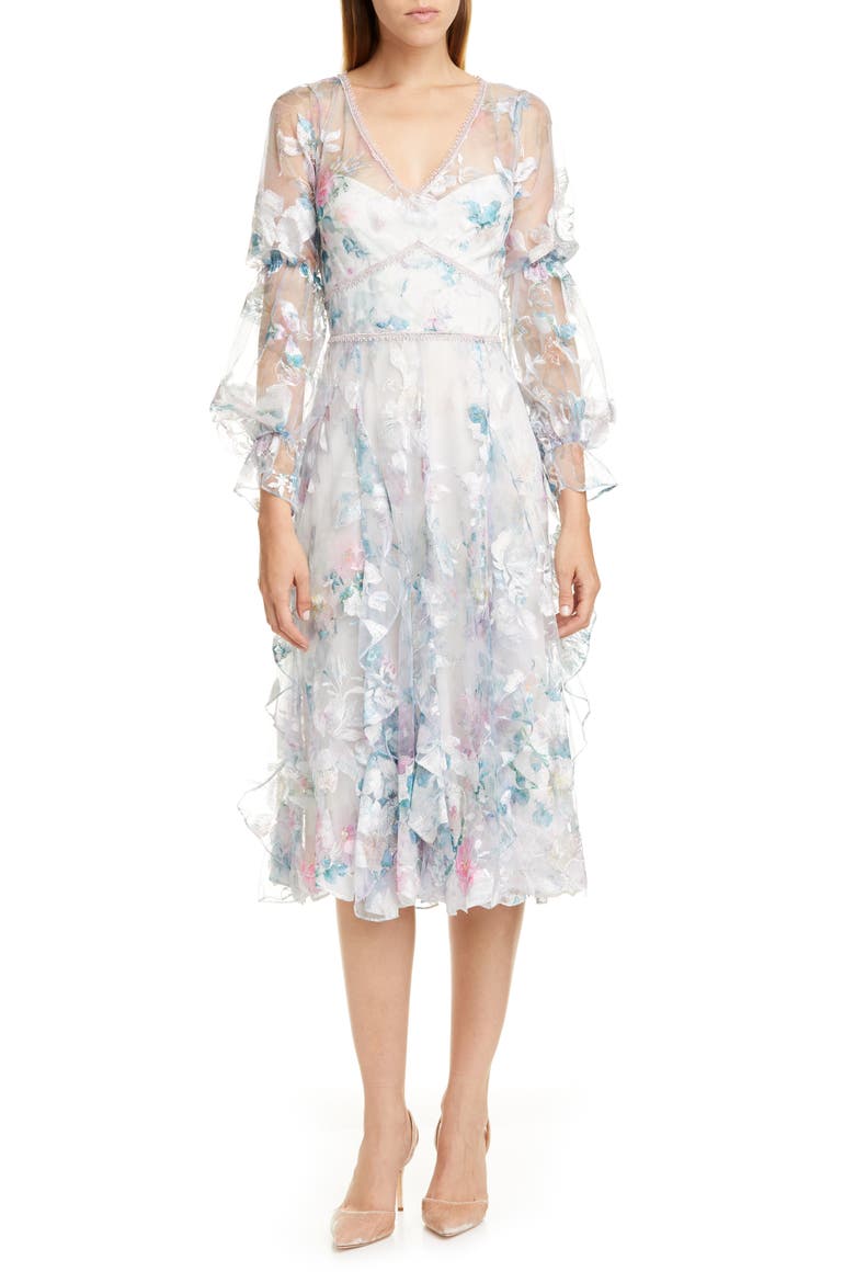 Embroidered Long Sleeve Tulle Midi Dress, Main, color, IVORY