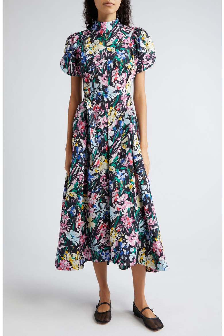 Flowerworks Cotton Midi Dress, Main, color, BLACK MULTI