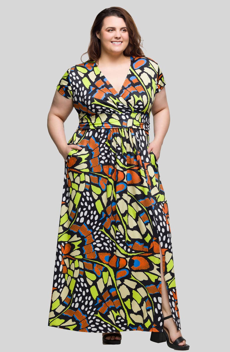 24seven Comfort Apparel Butterfly Print V-Neck Maxi Dress, Alternate, color, Orange Multi