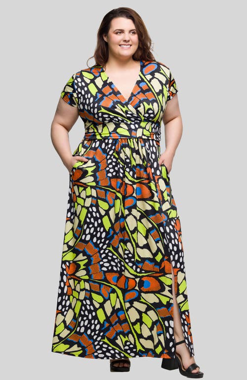 24seven Comfort Apparel Plus Size Cap Sleeve V-neck Side Slit Pocket Maxi Dress In Orange Multi