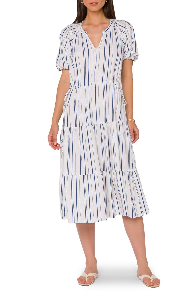 Side Tie Linen Blend Midi Dress, Main, color, NAVY OPTIC WHITE STRIPE
