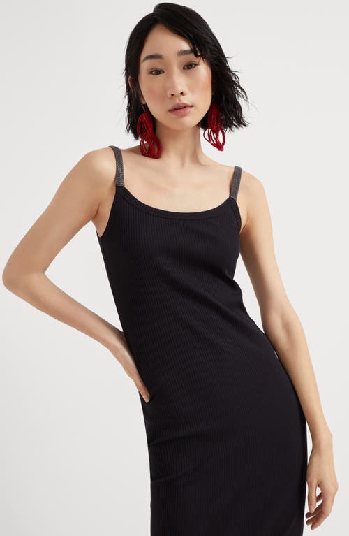 Brunello Cucinelli Black Sleeveless Dress With Monil Detail On The Shoulder Straps In Black