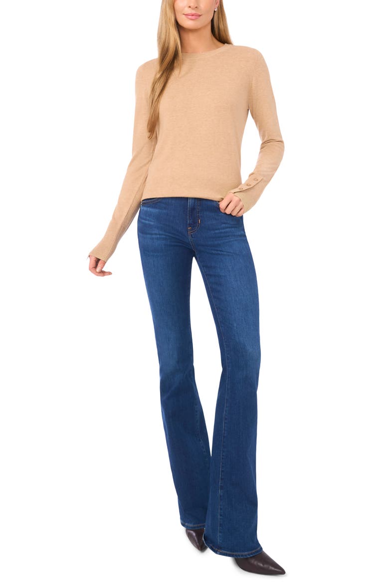 Button Cuff Crewneck Sweater, Alternate, color, LATTE HEATHER