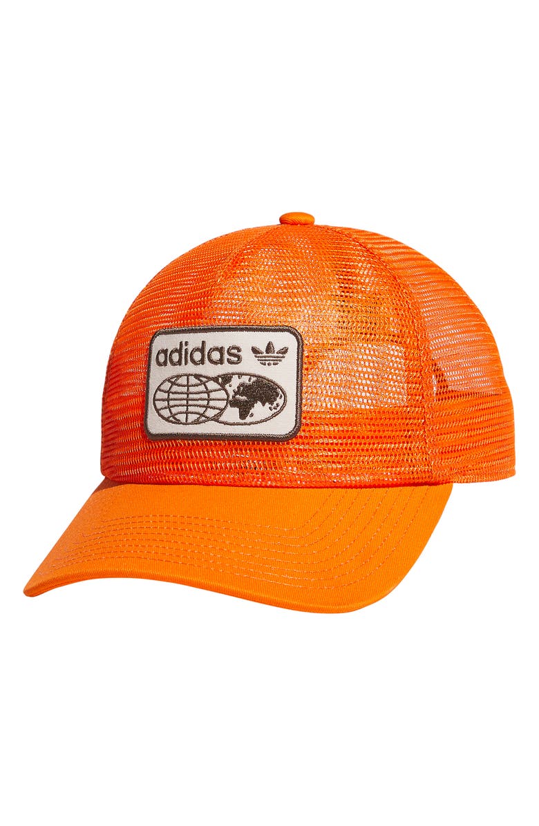 adidas Gender Inclusive Worldwide Patch Mesh Trucker Cap, Main, color, Orange/ White/ Earth Brown