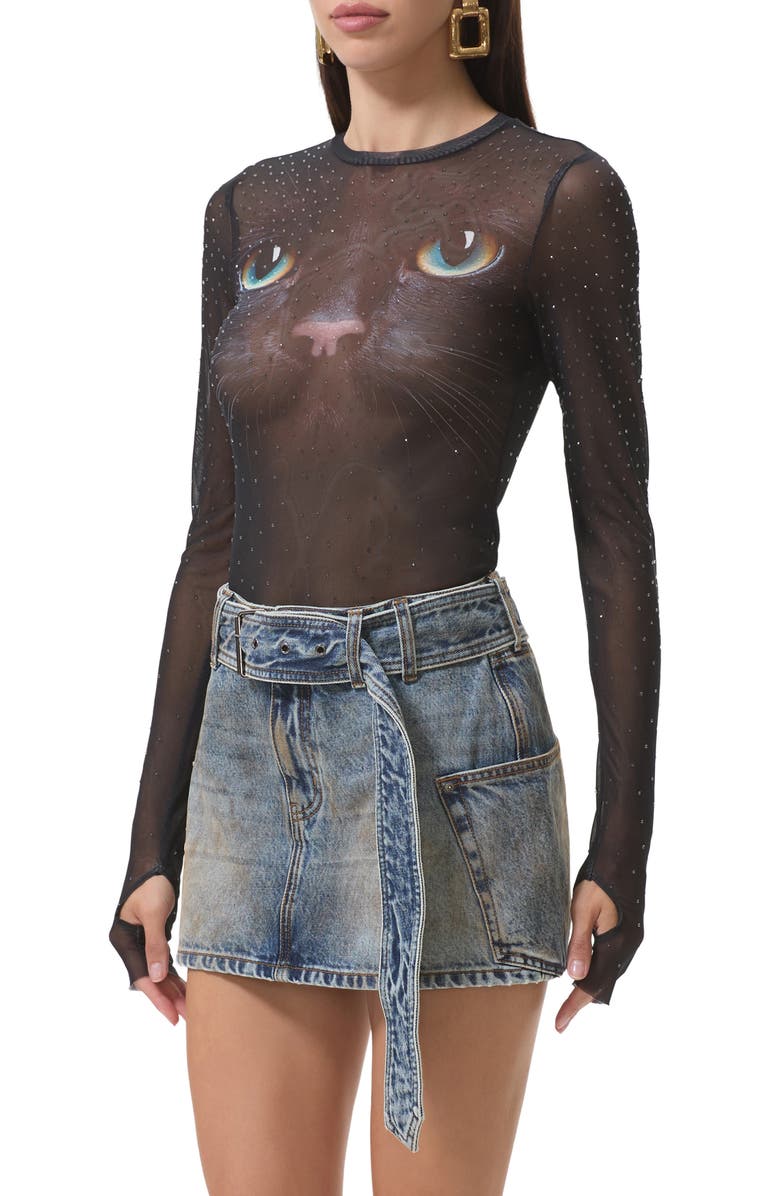 AFRM Kaylee Dew Drop Printed Long Sleeve Mesh Top, Alternate, color, Black Cat