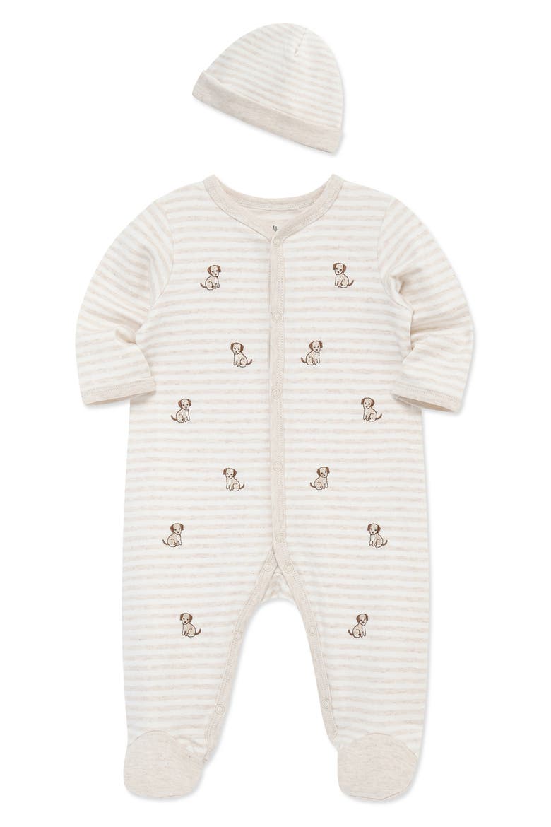 Puppy Schiffli Embroidered Cotton Footie & Hat Set (Nordstrom Exclusive), Alternate, color, TAN