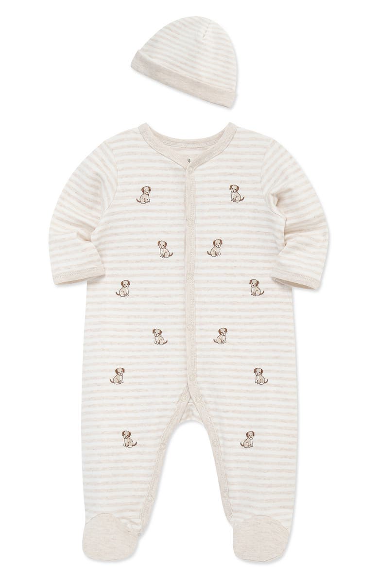 Little Me Puppy Schiffli Embroidered Cotton Footie & Hat Set, Alternate, color, Tan
