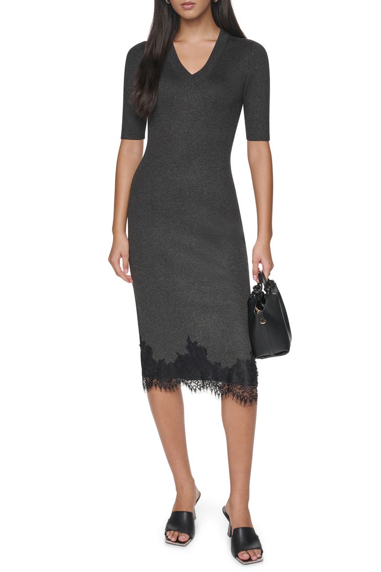 Lace Trim Midi Sweater Dress, Alternate, color, ASPHALT