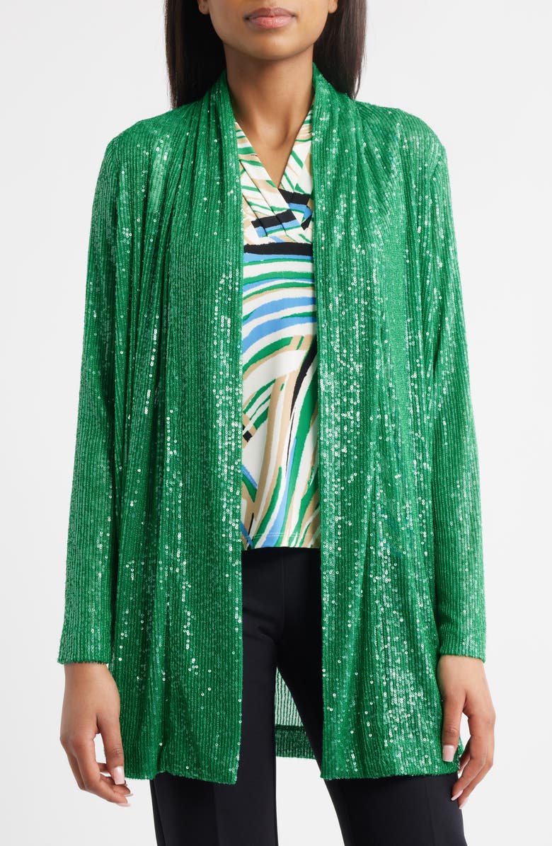 Anne Klein Sequin Draped Open Front Cardigan, Main, color, 