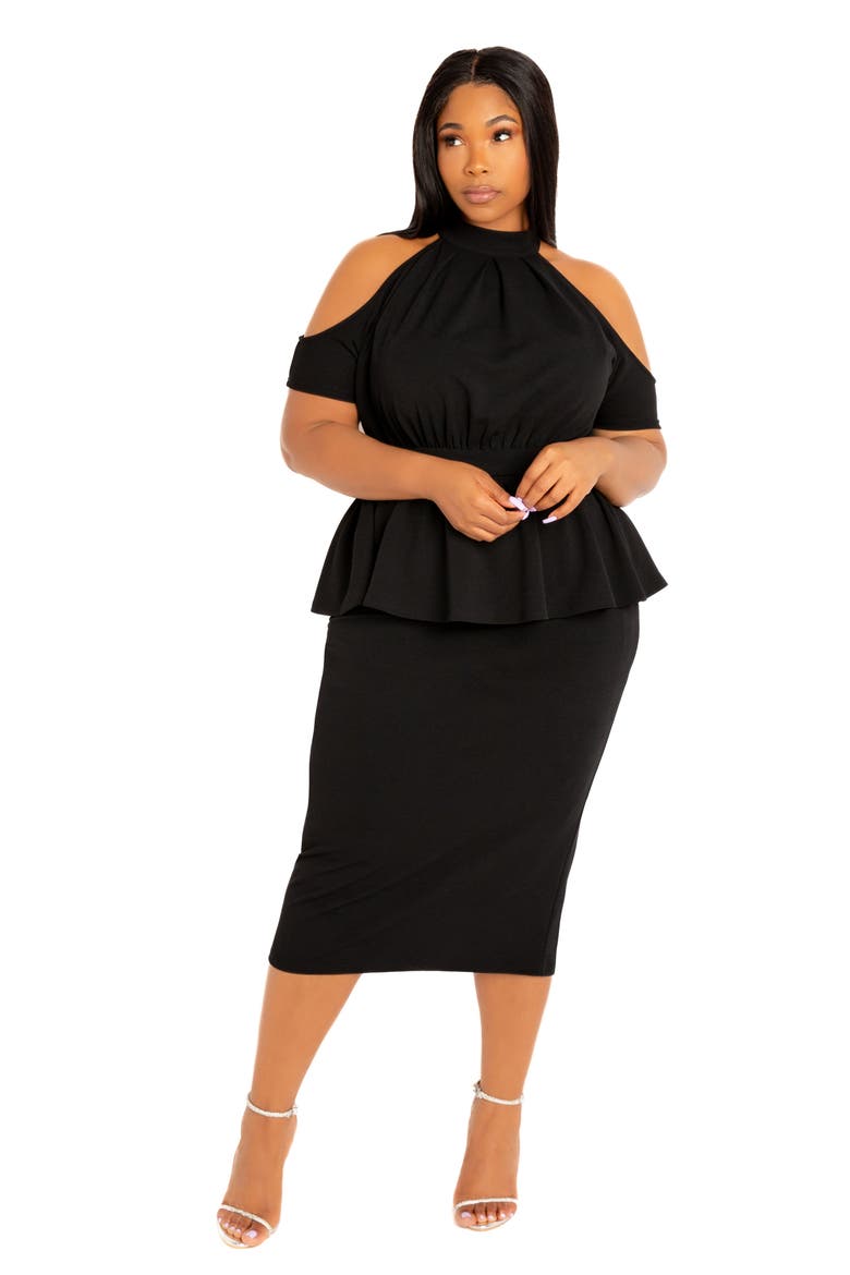 Cold Shoulder Peplum Midi Dress, Alternate, color, BLACK