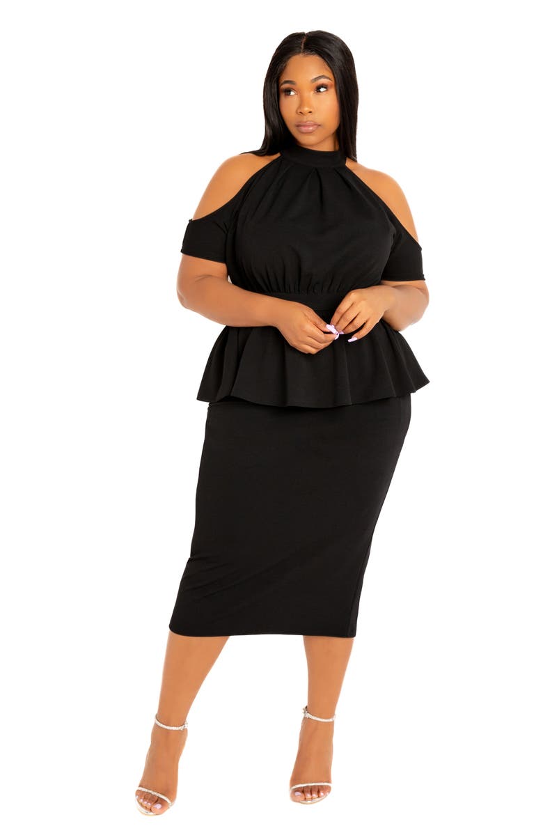 BUXOM COUTURE Cold Shoulder Peplum Midi Dress, Alternate, color, Black