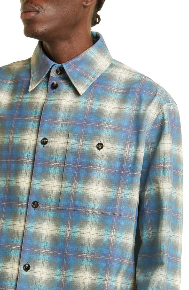 Bottega Veneta Plaid Flannel Print Leather Shirt Jacket, Alternate, color, 4116 Multi Light Blue