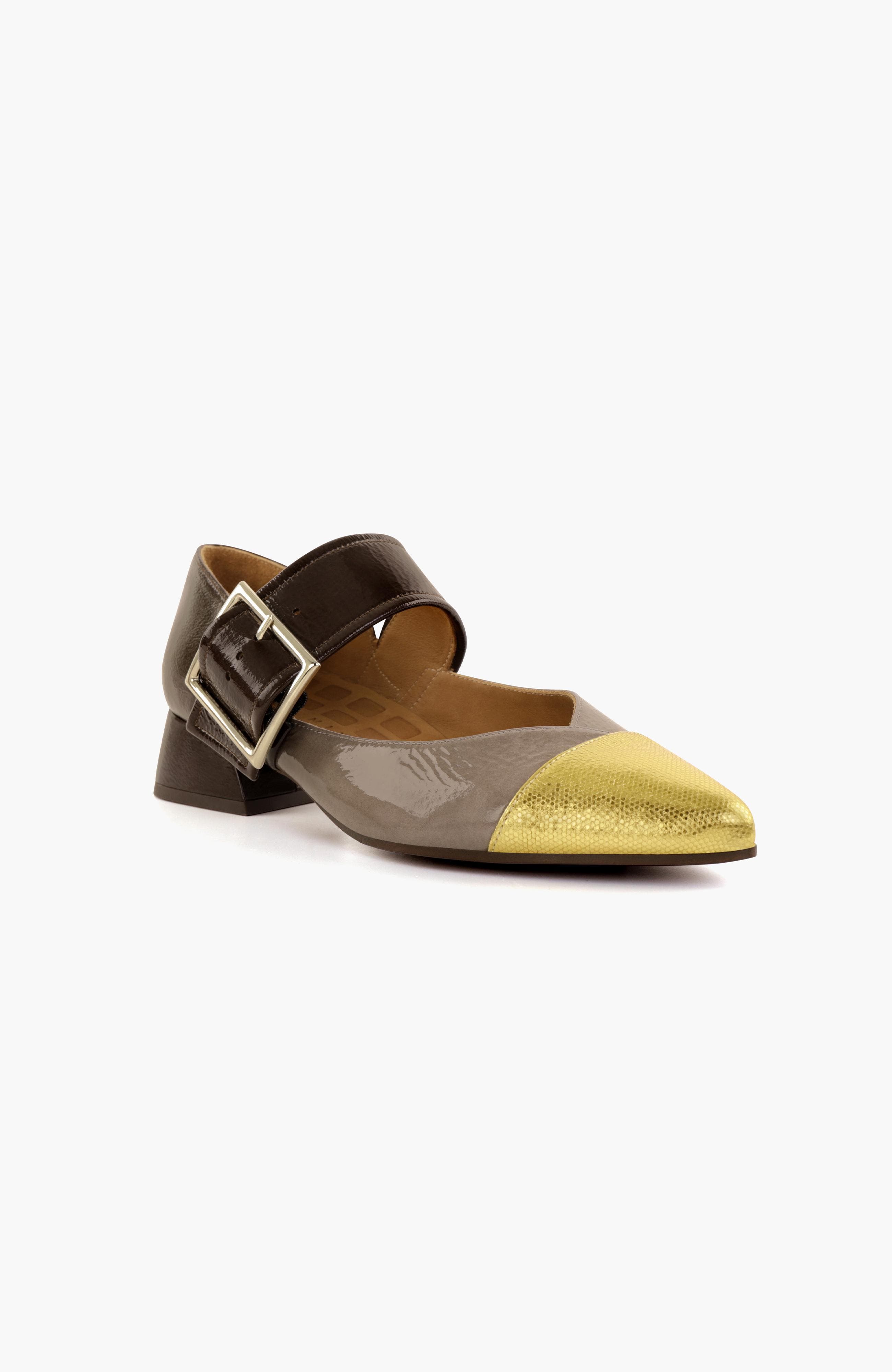 Metallic Mary Jane patent leather buckle pump, Alternate, color, Tan