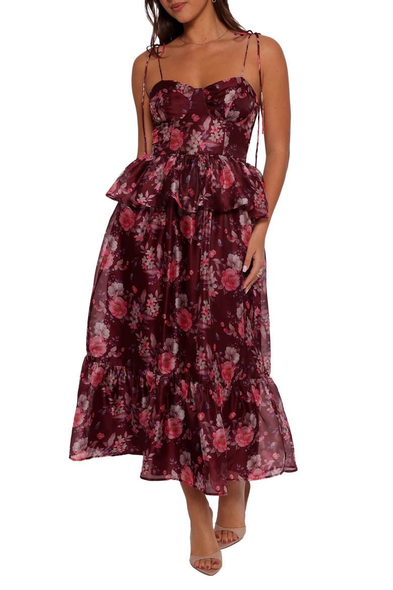Mazy Floral Peplum Tiered Maxi Dress, Main, color, PURPLE/ MAGENTA
