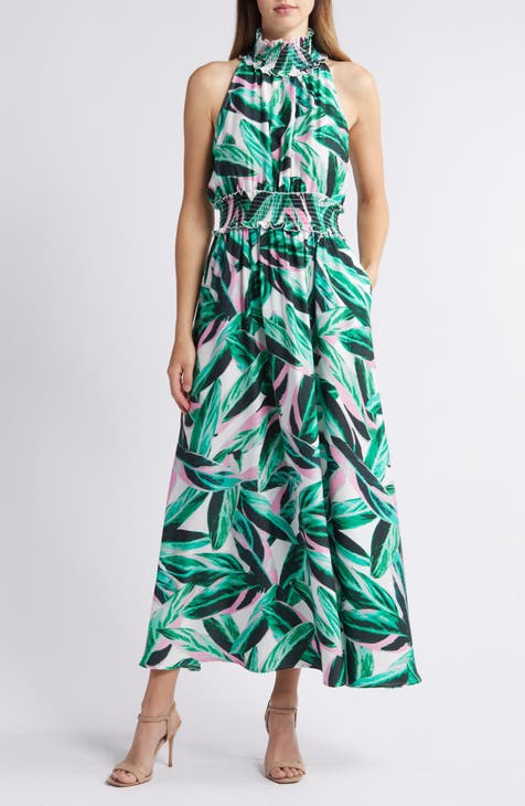 Leaf Print Halter Satin Maxi Dress