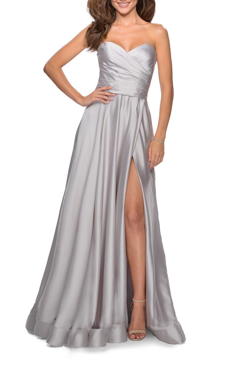 La Femme Strapless Satin Gown with Pleated Bodice and Slit, Main, color, Silver