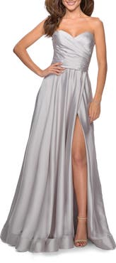 La Femme Strapless Satin Gown with Pleated Bodice and Slit