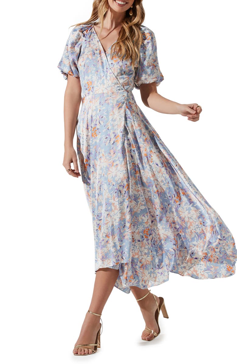ASTR the Label Floral Puff Sleeve Wrap Dress, Main, color, 