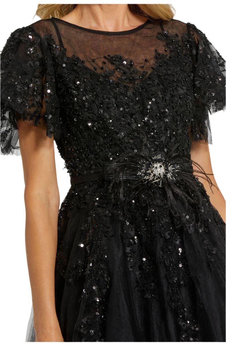 Mac Duggal Embellished Flutter Sleeve Bow Waist A Line Dress, Alternate, color, Black