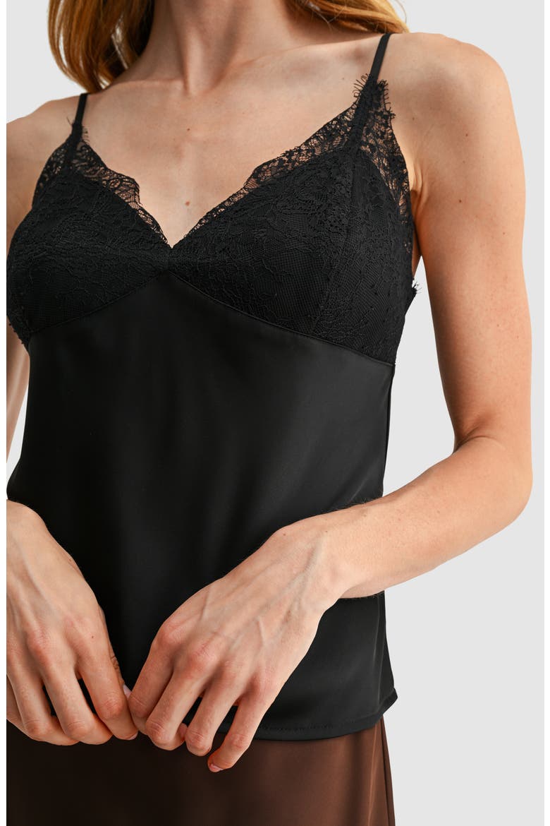 Lace Trim V-Neck Satin Camisole, Alternate, color, BLACK