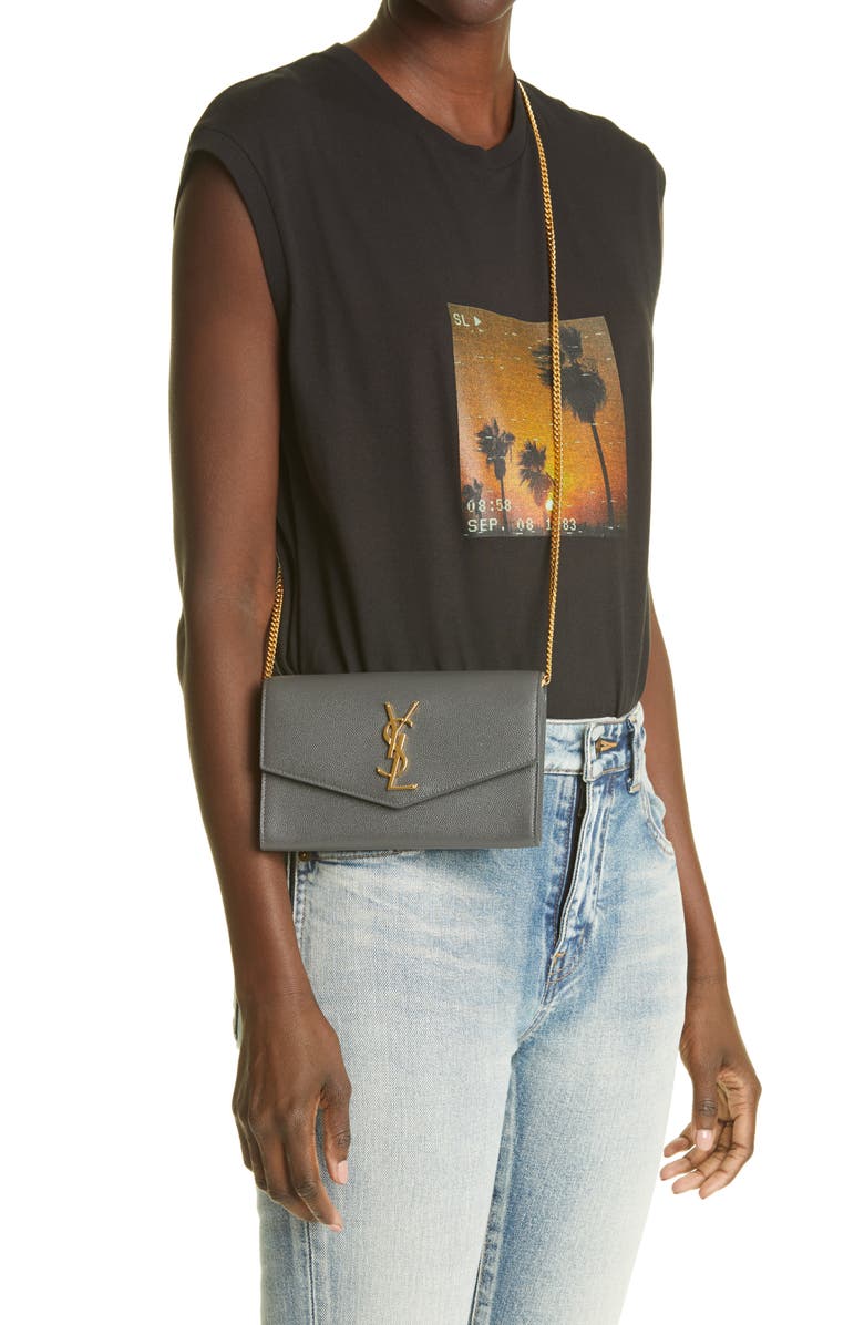 Saint Laurent Uptown Pebbled Calfskin Leather Wallet on a Chain, Alternate, color, 