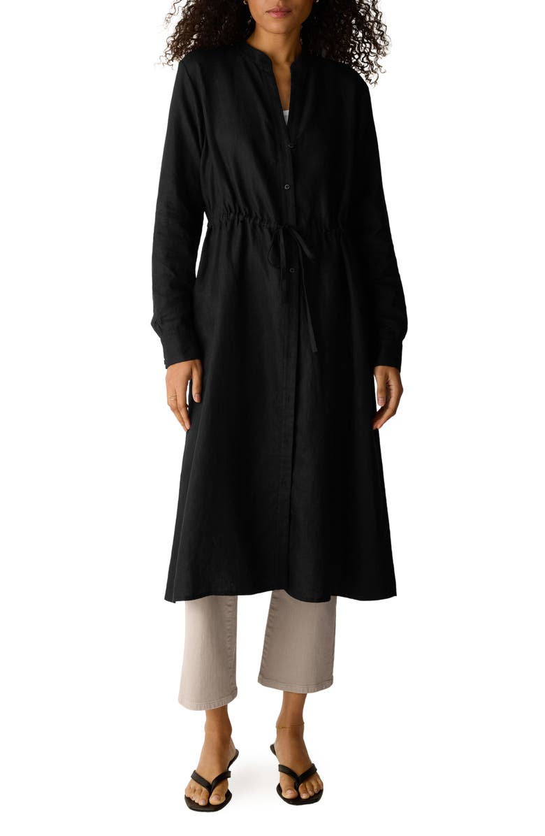 Eileen Fisher Mandarin Collar Long Sleeve Organic Linen Midi Shirtdress, Main, color, Black