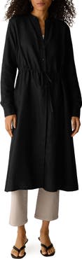 Eileen Fisher Mandarin Collar Long Sleeve Organic Linen Midi Shirtdress