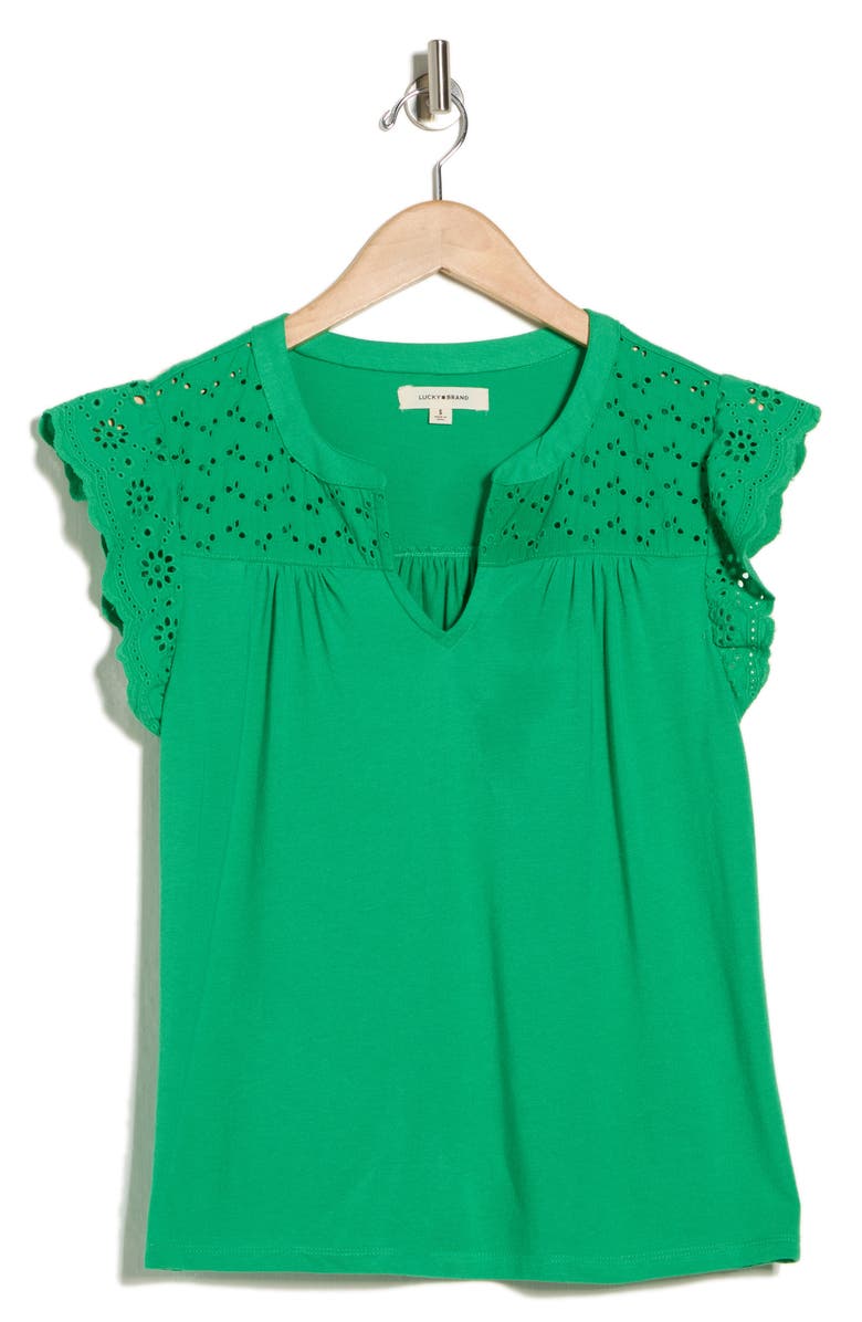 Lucky Brand Cap Sleeve Mixed Media Top, Main, color, Kelly Green