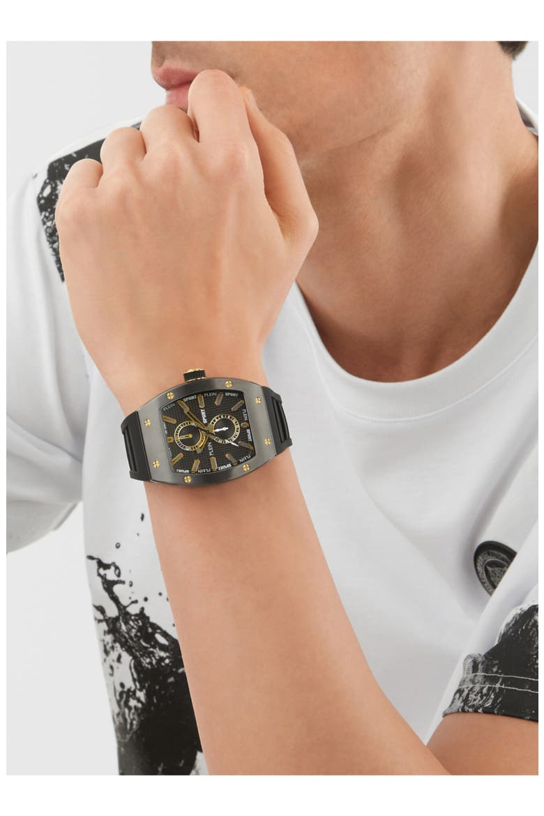 Stormbreaker Three Hand Quartz Silicone Strap Watch, 43mmx 52mm, Alternate, color, BLACK/ GUNMETAL/ BLACK