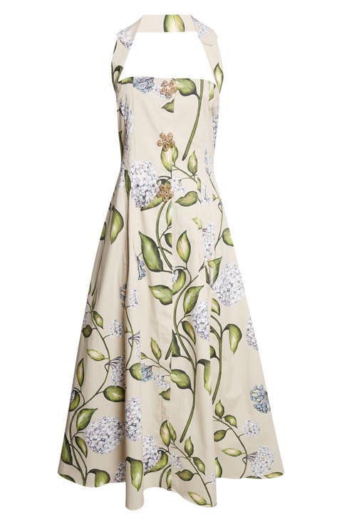 Porcelain Flowers Stretch Cotton Poplin Halter Neck Dress