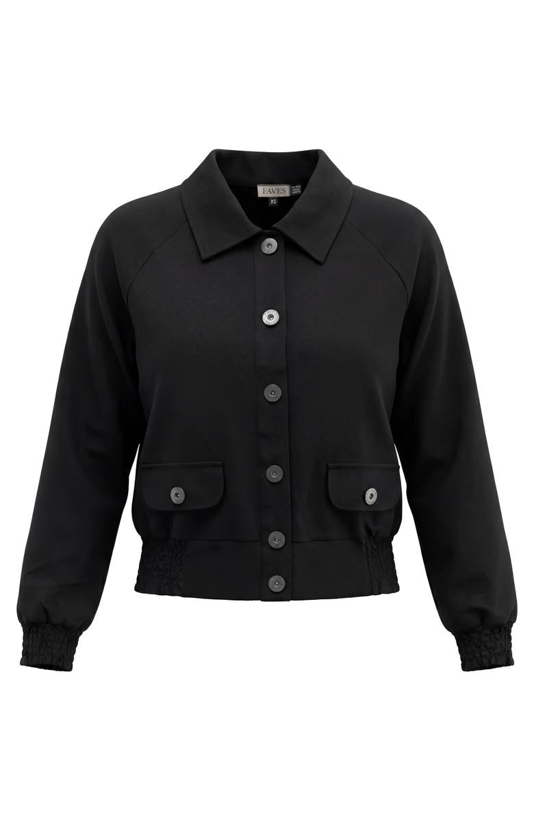 Faves Smocked Button-Front Raglan Bomber Jacket, Main, color, Black