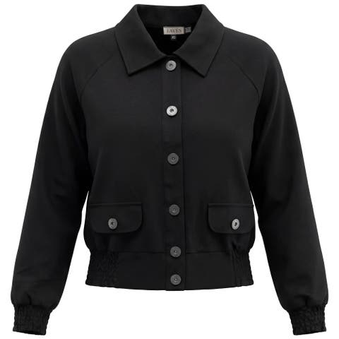 Smocked Button-Front Raglan Bomber Jacket