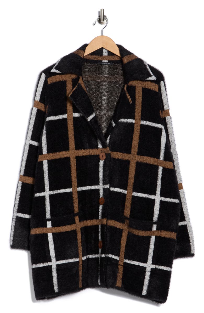 T Tahari Long Sleeve Plaid Coat, Main, color, Black/ White/ Camel