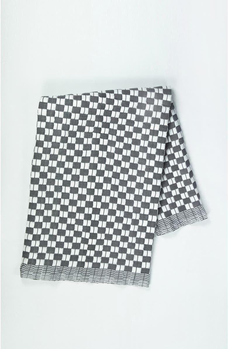 Archive New York Suzani Quilted Handwoven Checkered Cotton Throw Blanket, Main, color, Soft Black And Ivory