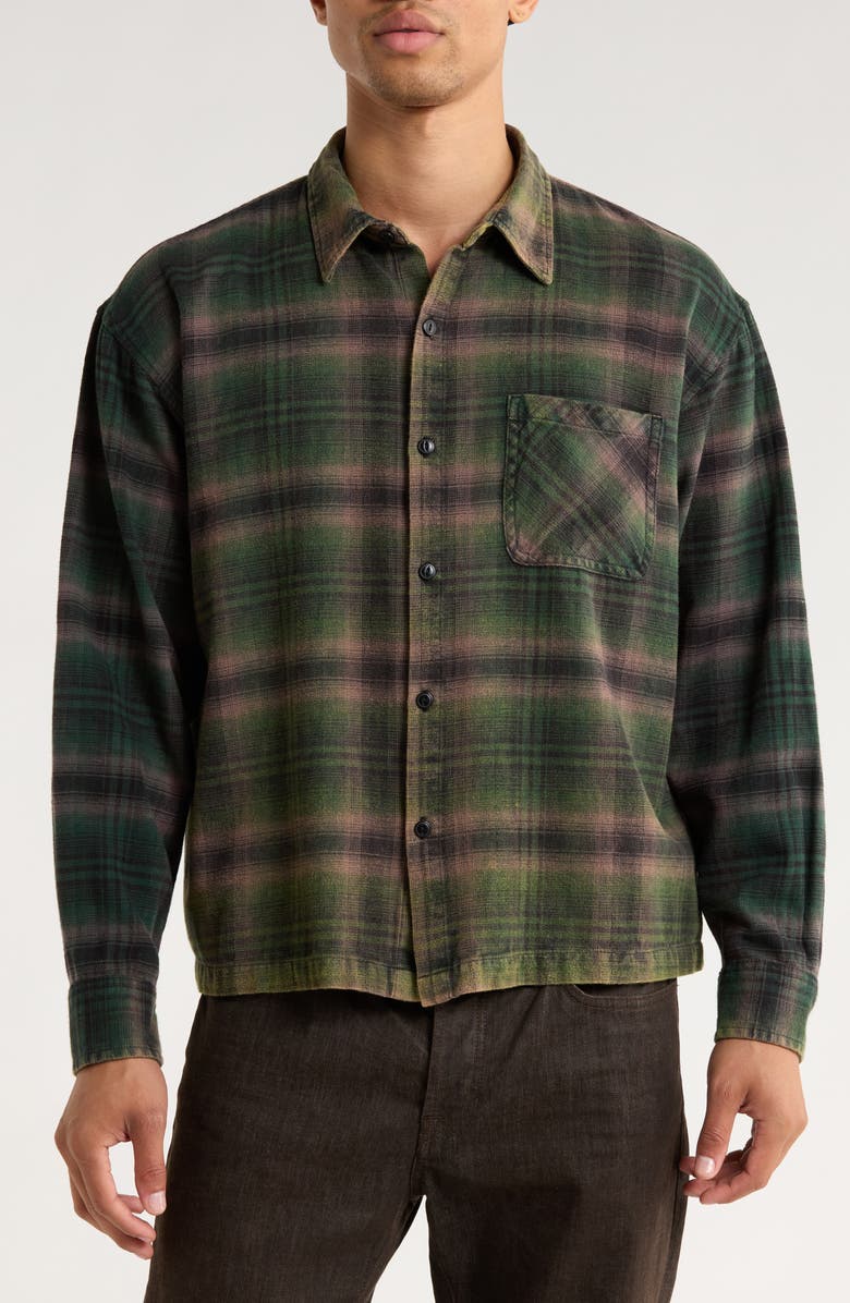 PacSun Plaid Flannel Crop Button-Up Shirt, Alternate, color, Black/ Green