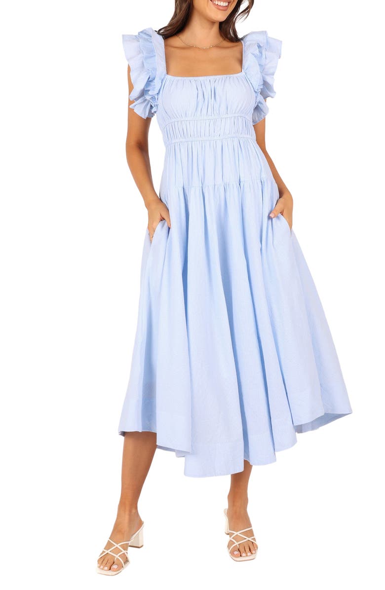 Petal & Pup Linda Stripe Ruffle Sleeve Cotton Midi Dress, Main, color, Blue Stripe