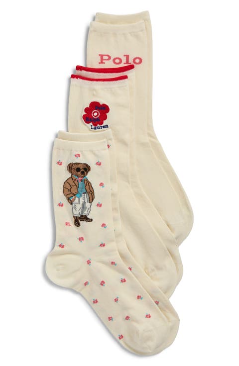 3-Pack Assorted Floral Bear Crew Socks