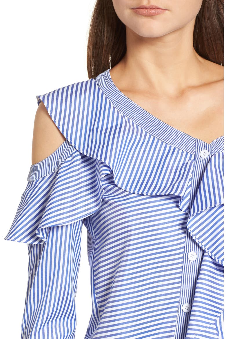 Asymmetrical Open Shoulder Ruffle Top (Nordstrom Exclusive), Alternate, color, BLUE/ WHITE STRIPE
