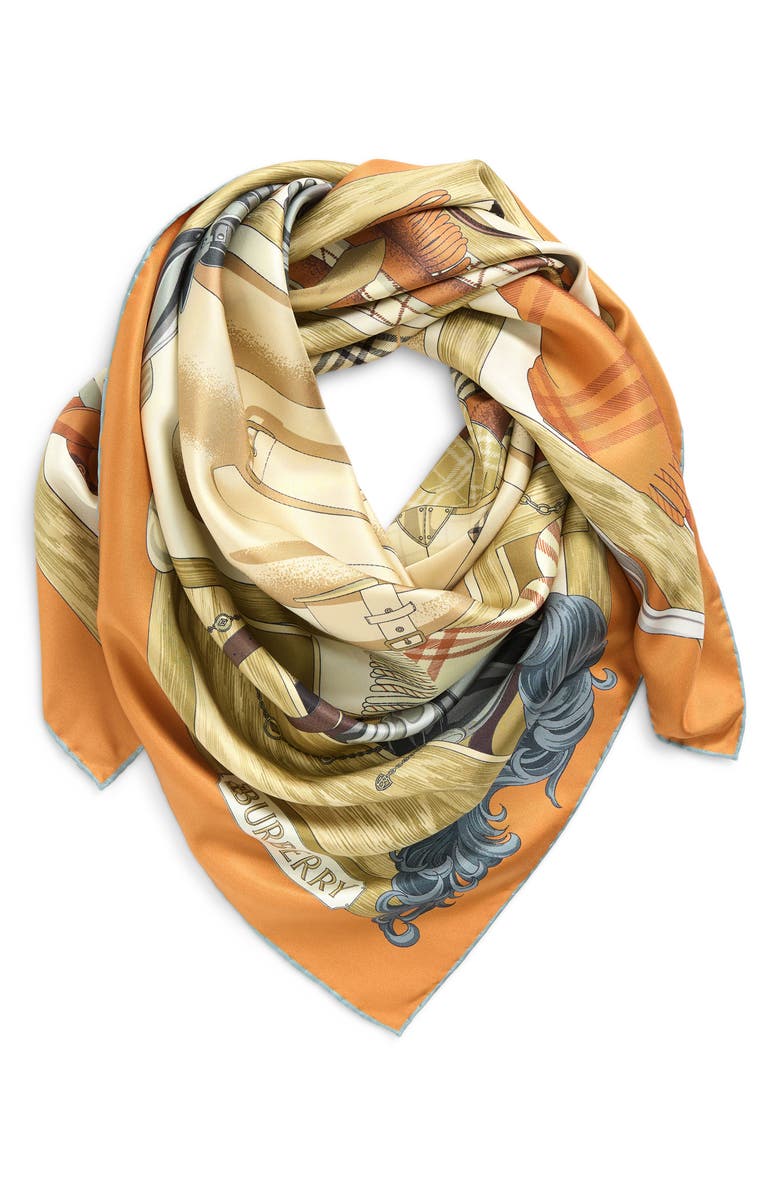 Burberry Wardrobe Print Silk Twill Square Scarf, Alternate, color, Pumpkin Orange