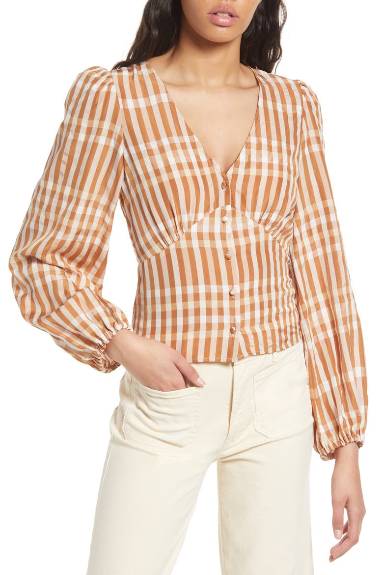 Print V-Neck Empire Waist Blouse, Main, color, BROWN CHECK