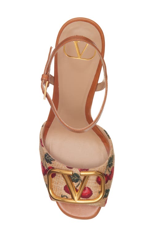 Valentino Cherry-embroidered Raffia Platform Sandals In Brown
