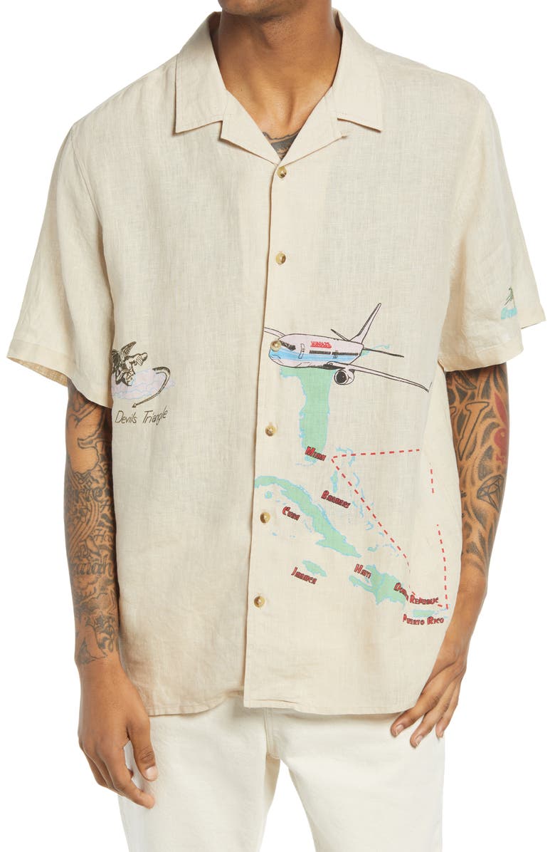 JUNGLES Safe Trip Short Sleeve Linen Button-Up Shirt, Main, color,